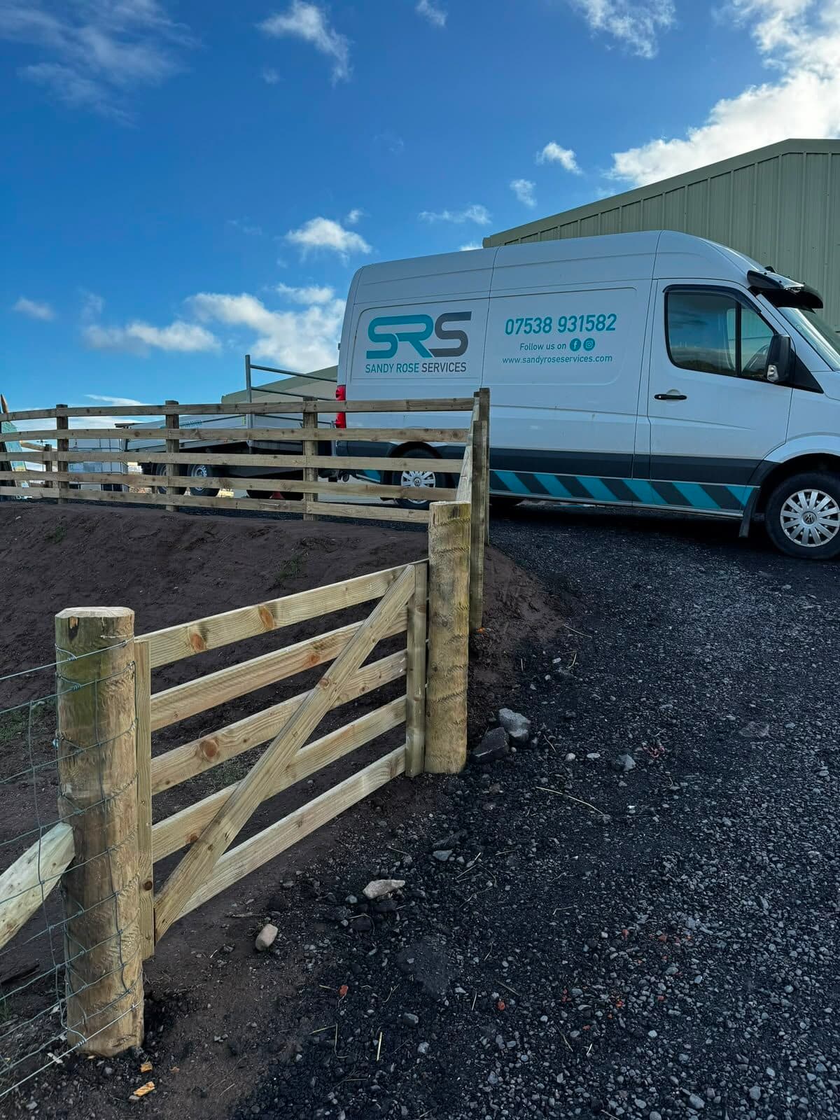 SRS Fencing van and a newly hung timber field gate at a farm job